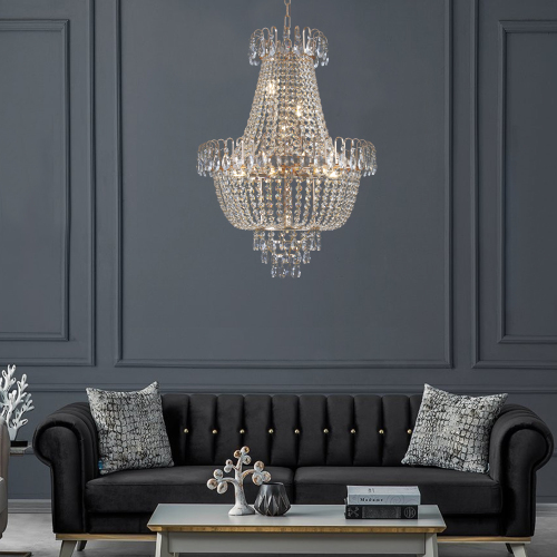 Lustre cristal doré moderne luxe grand format, sans ampoule