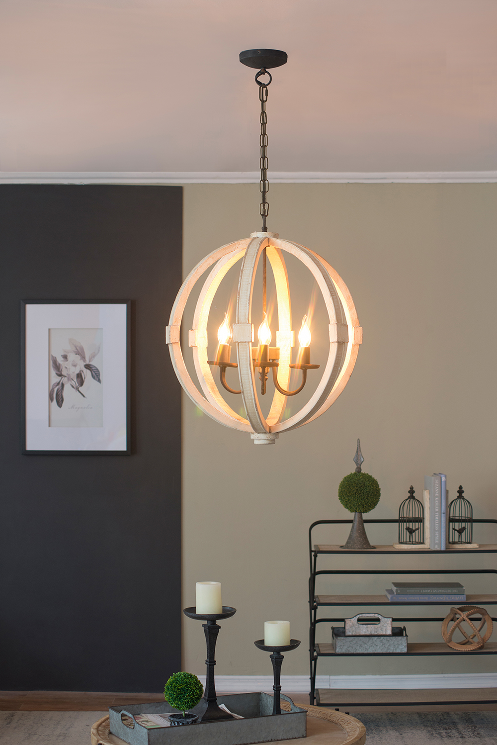 Lustre bois 6 lumières, chaîne ajustable, ampoule non incluse