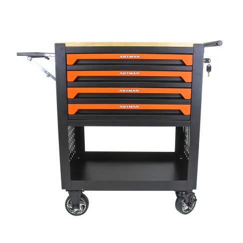 Chariot outils 4 tiroirs plateau bois roues orange