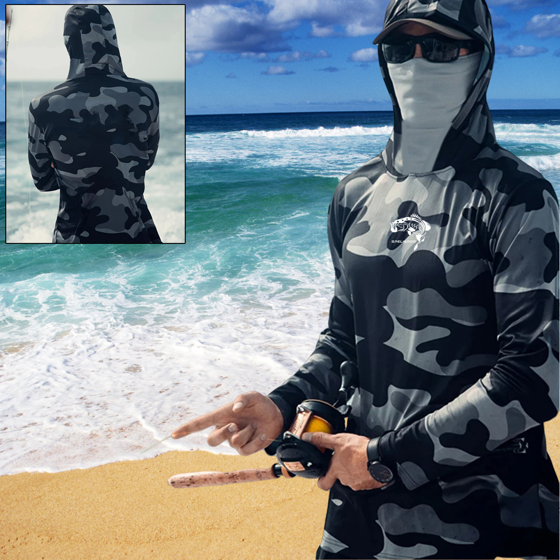 Hoodie pêche protection soleil, manches longues, hommes