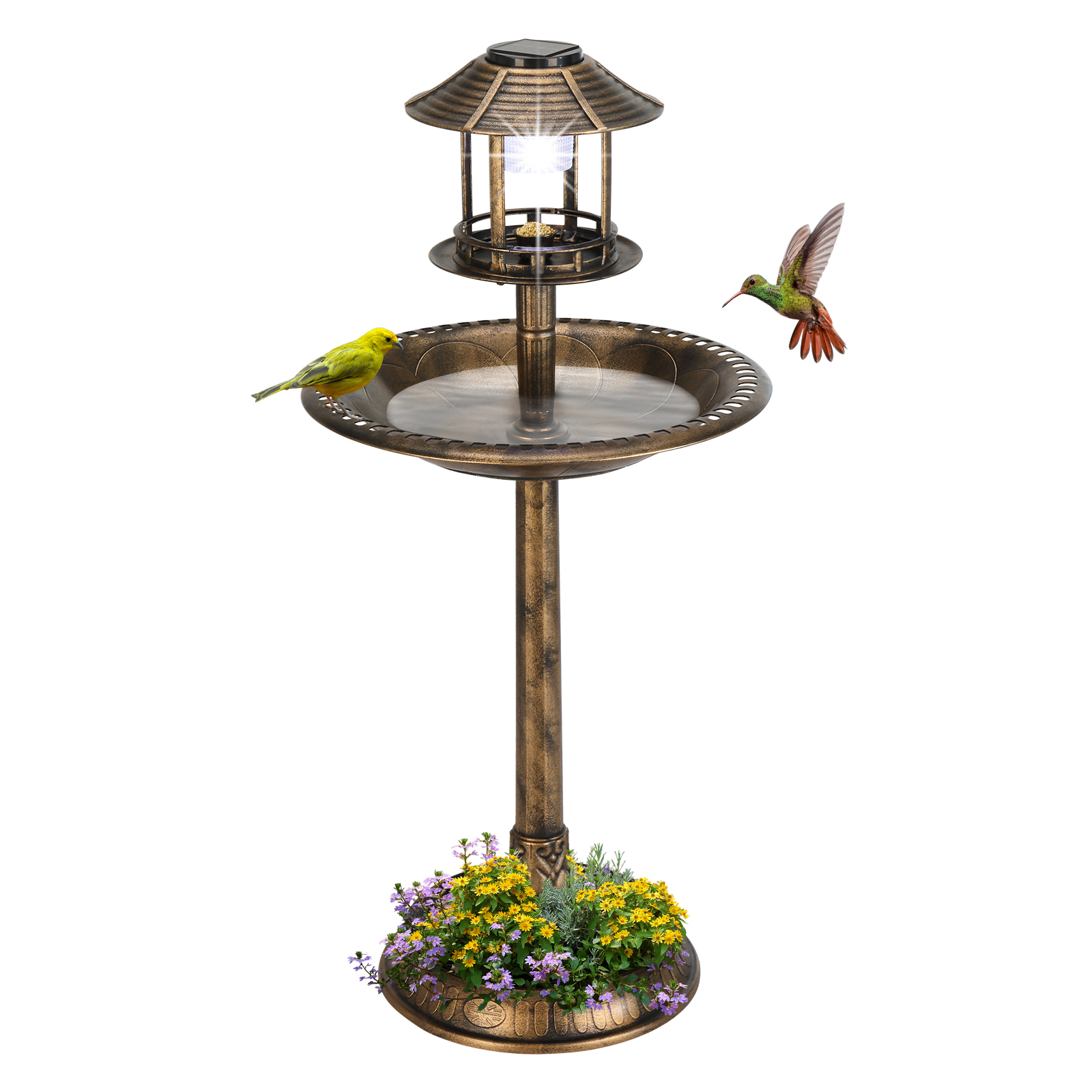 Bain d'oiseaux solaire bronze rond 51x51x106cm plastique