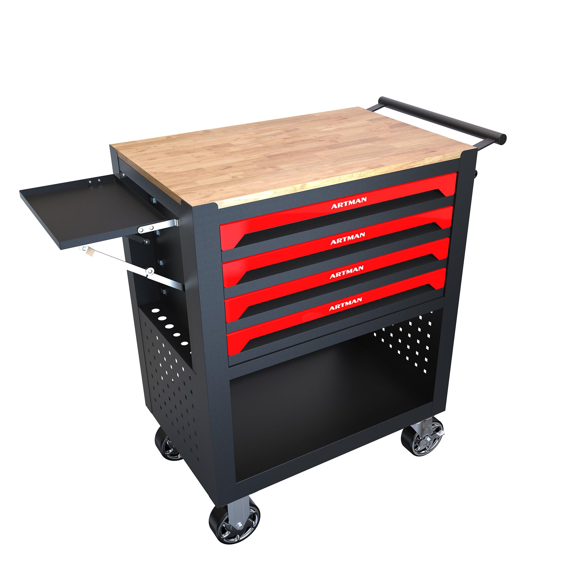 Chariot utilitaire 4 tiroirs avec roues et plateau bois