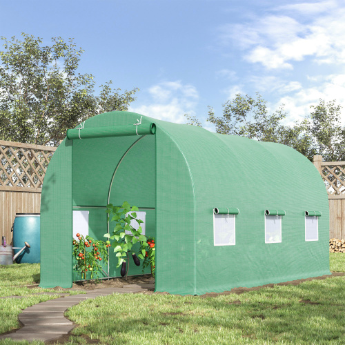 Outsunny serre tunnel 15x6x7 jardin, porte & ventilation vert
