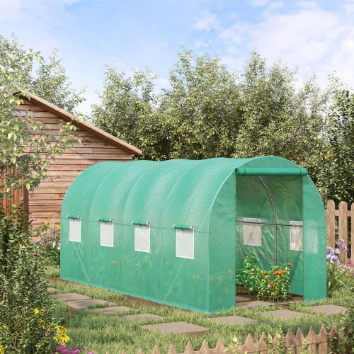 Outsunny Serre tunnel 15x7x6,5 pi, cadre acier, porte zipp.