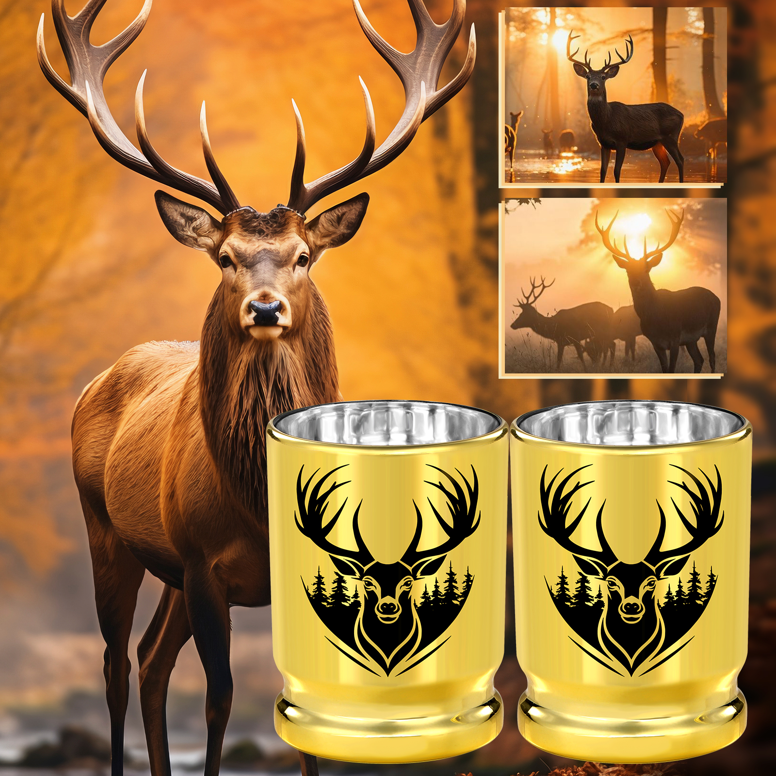2 verres à vin tête de cerf 50 cal dor - boîte cadeau - étanche