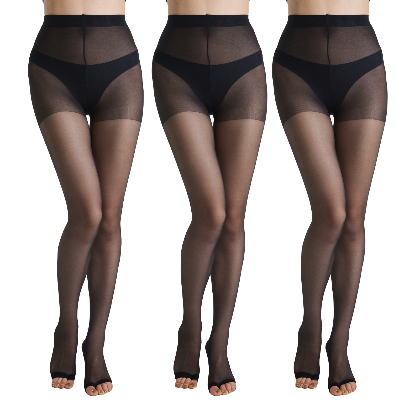 3 paires bas nylon 20D ouvert orteils contrôle taille