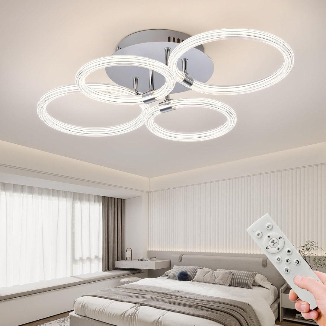 Plafonnier LED moderne gradable, 6 anneaux acrylique, télécommande, 4 têtes