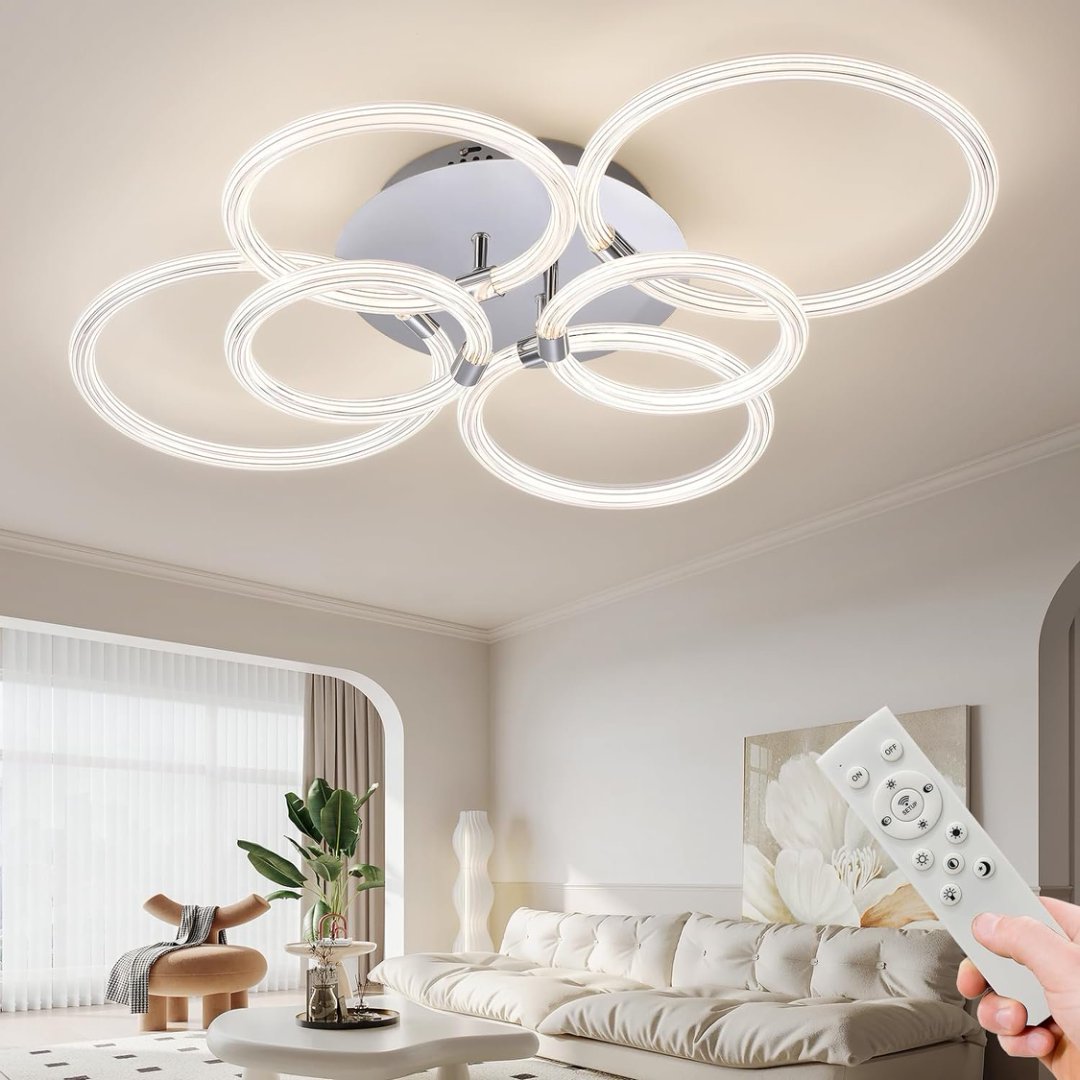 Plafonnier LED dimmable, 6 anneaux acrylique, 6 têtes