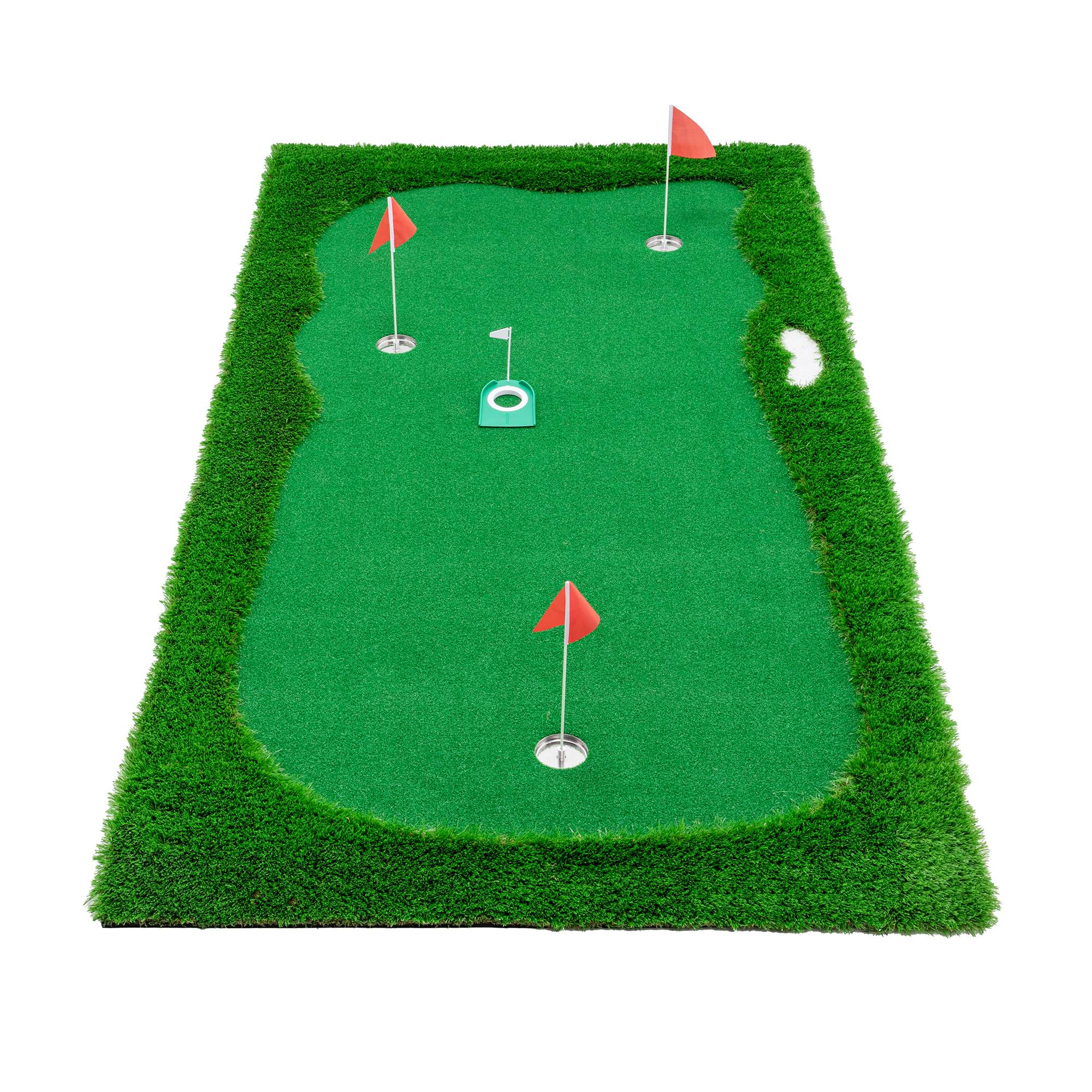 Tapis de golf 10x5 pi 3 trous, drapeaux et tasses