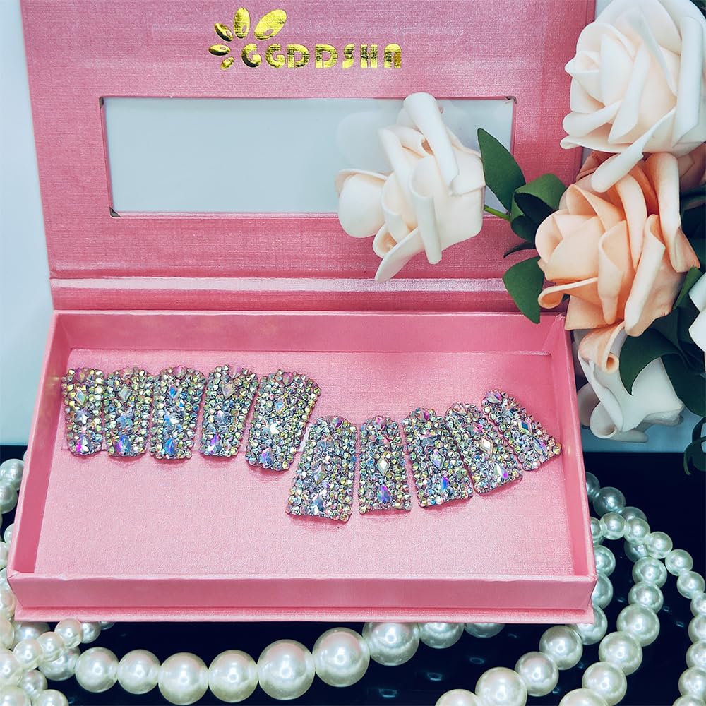 Ongles canard diamant carrés moyens cristal aurore