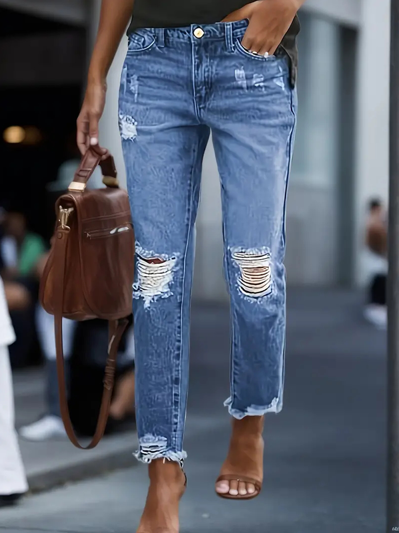 Jean boyfriend femme déchiré confortable taille basse extensible