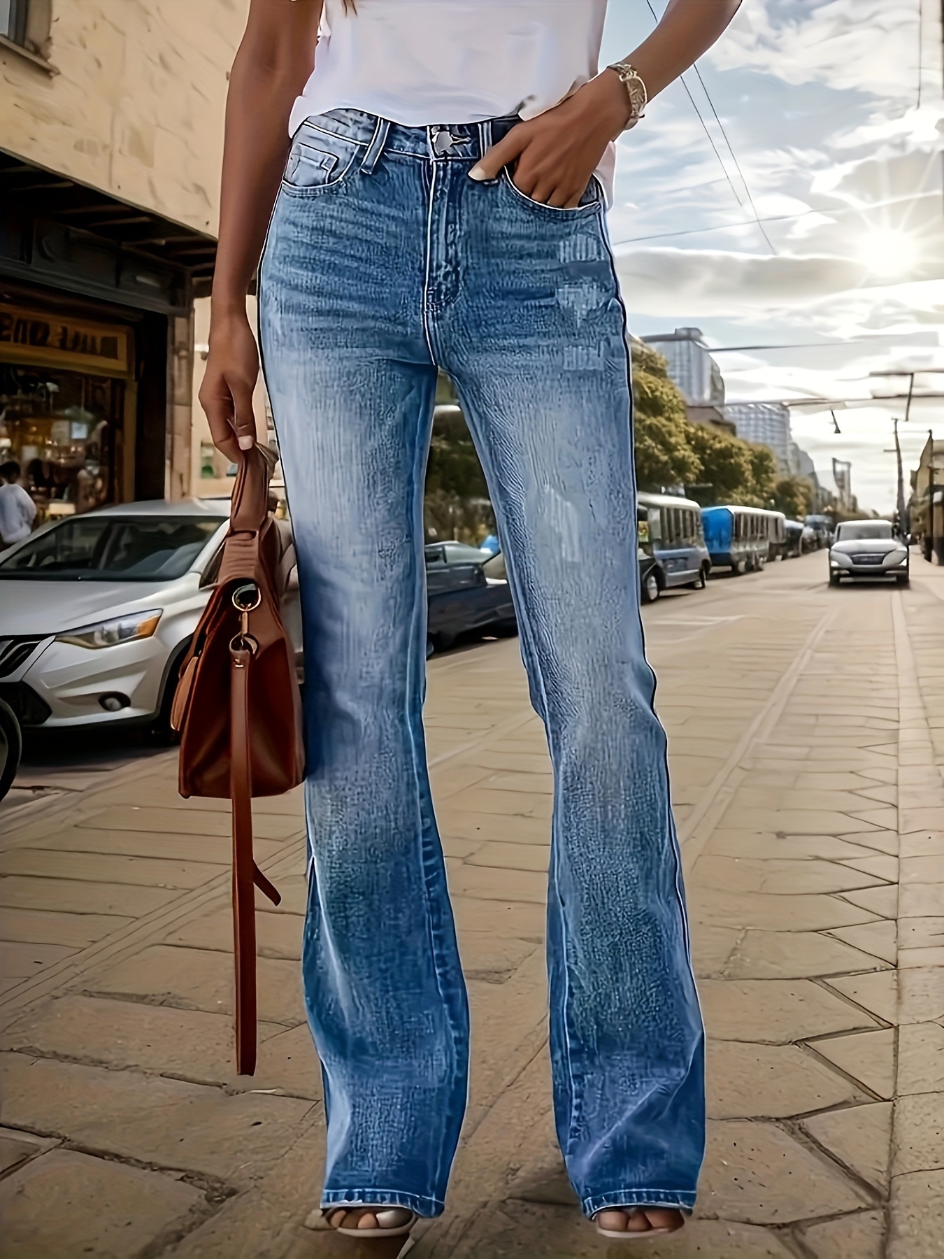 Jean skinny évasé taille haute femme - style vintage déchiré