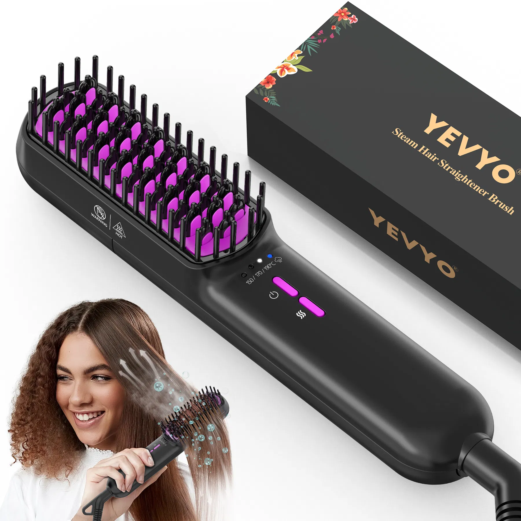 Brosse lissante ionique vapeur, céramique antibrûlure, chauffage rapide