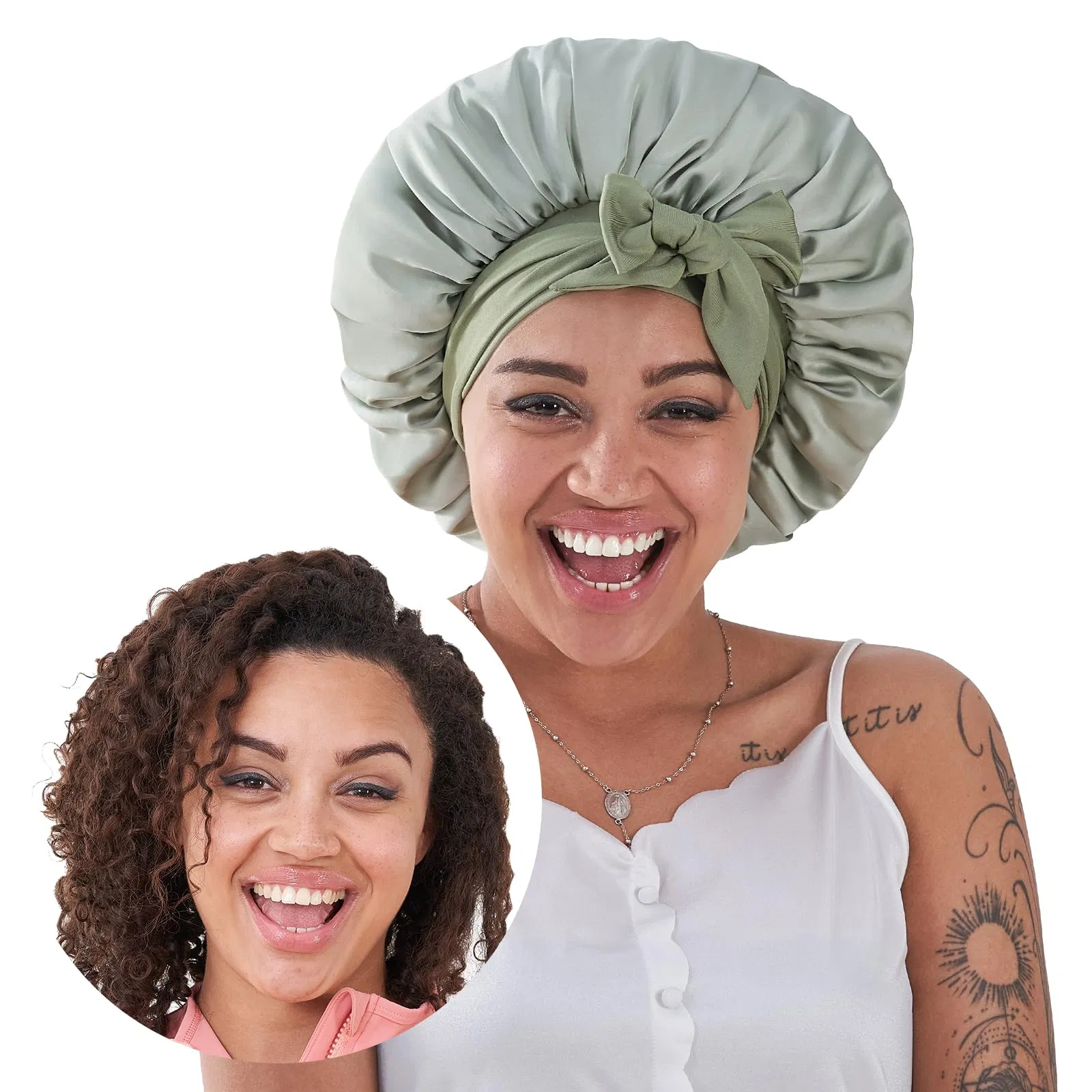 Bonnet soie sommeil satin vert femme cheveux