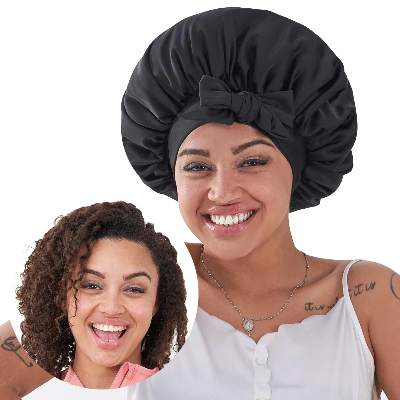 Bonnet soie sommeil satin noir femme cheveux