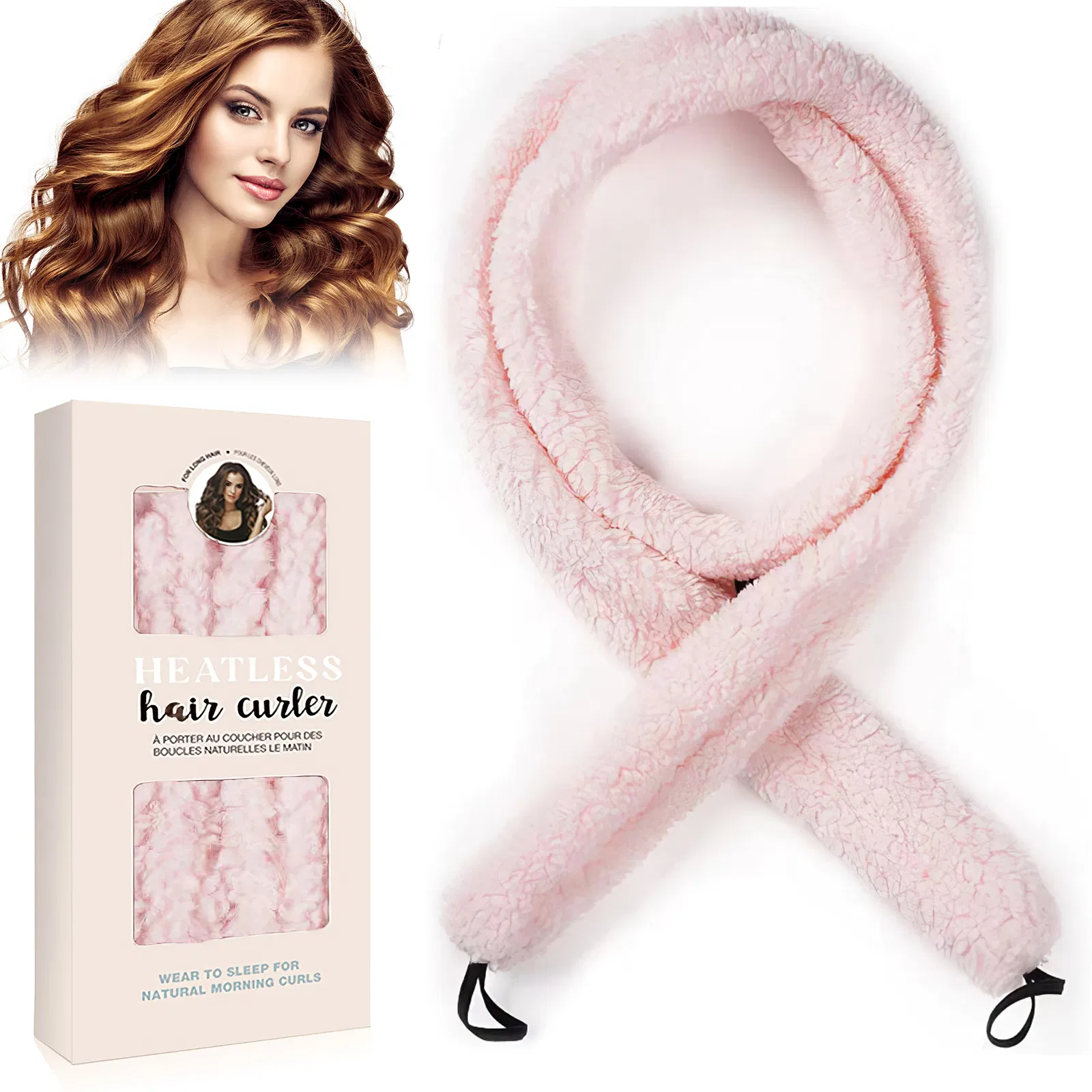 Boucleur cheveux sans chaleur satin, vagues naturelles rose