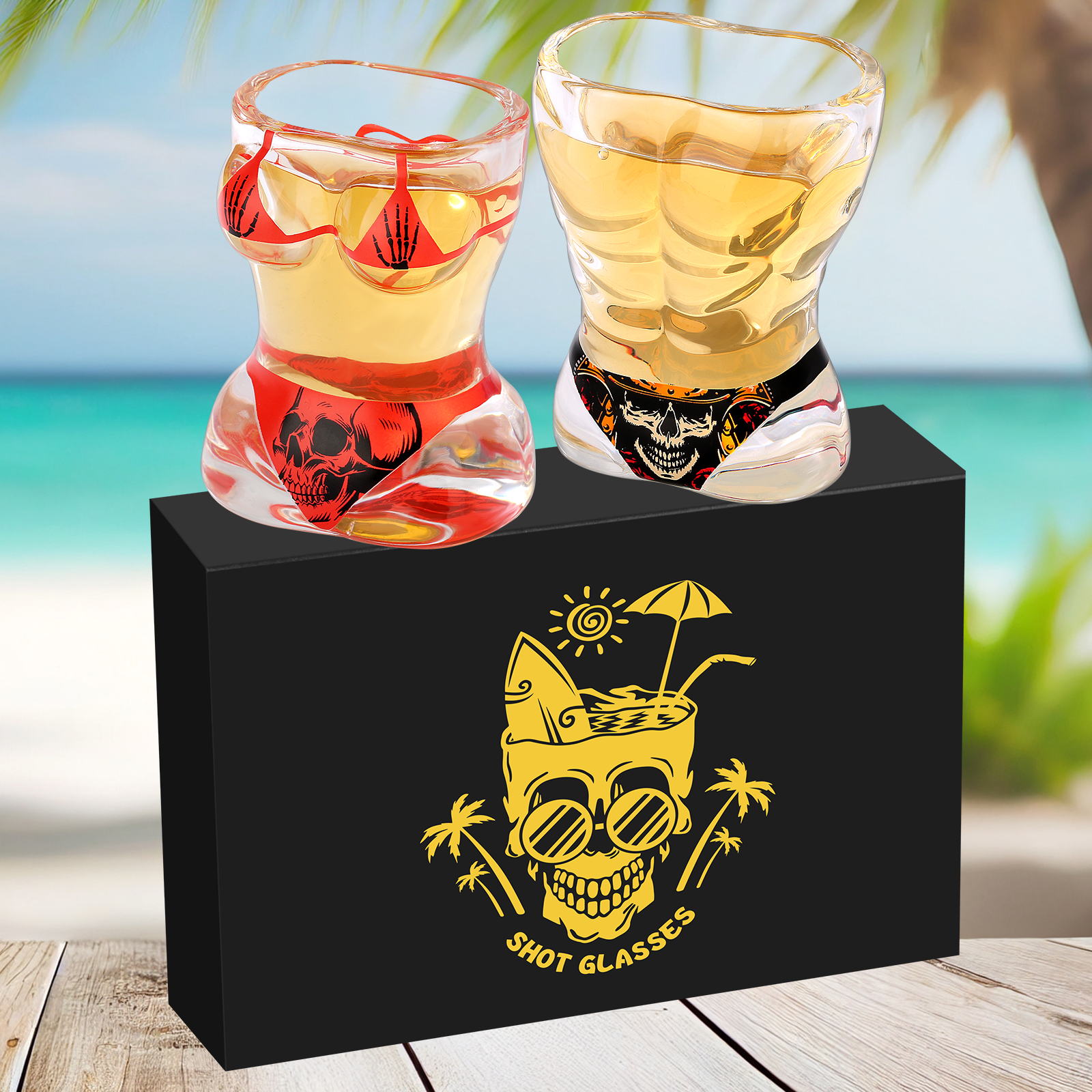 2 verres à vin crâne - homme musclé noir et bikini rouge - outils bar