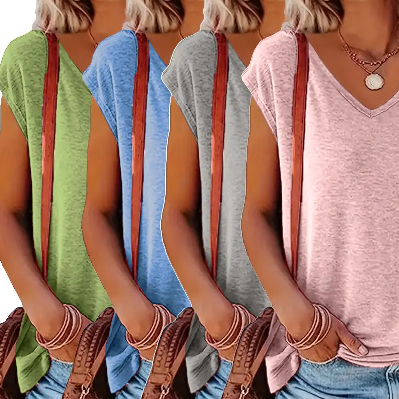 4 t-shirts femme col V manches courtes couleurs unies