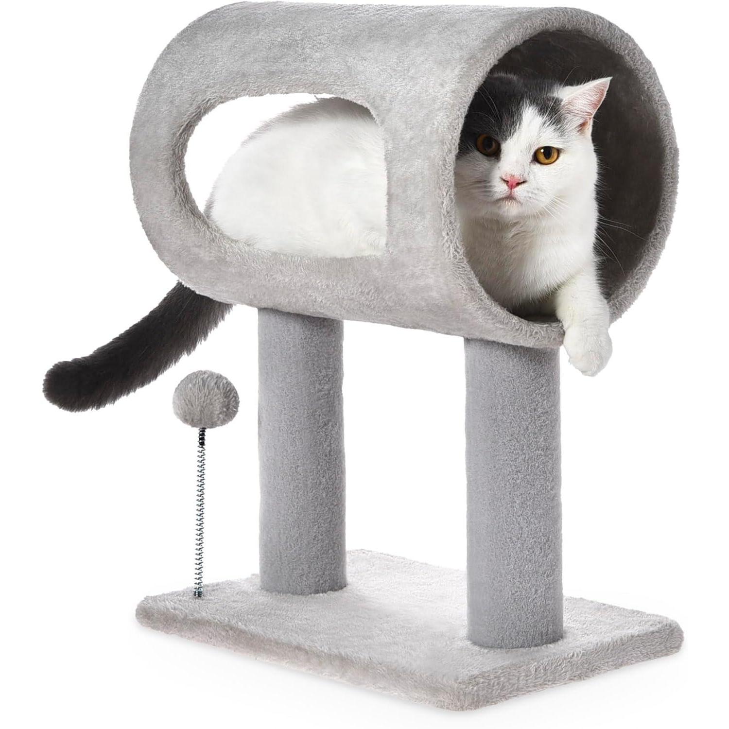 Arbre chat gris 52cm tunnel lit grattoir