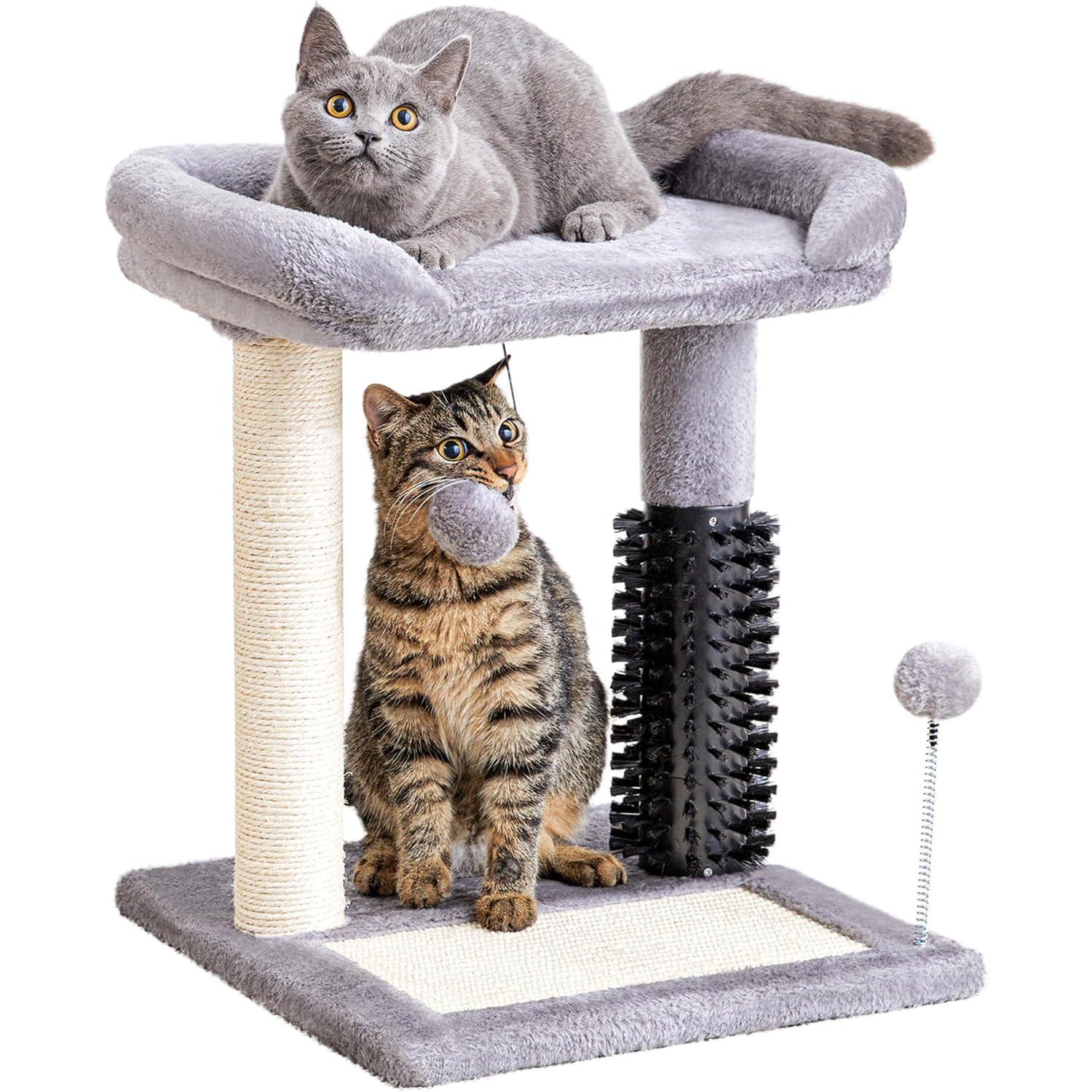 Arbre chat 4-en-1 petit avec brosse auto-toilettage, griffoir sisal