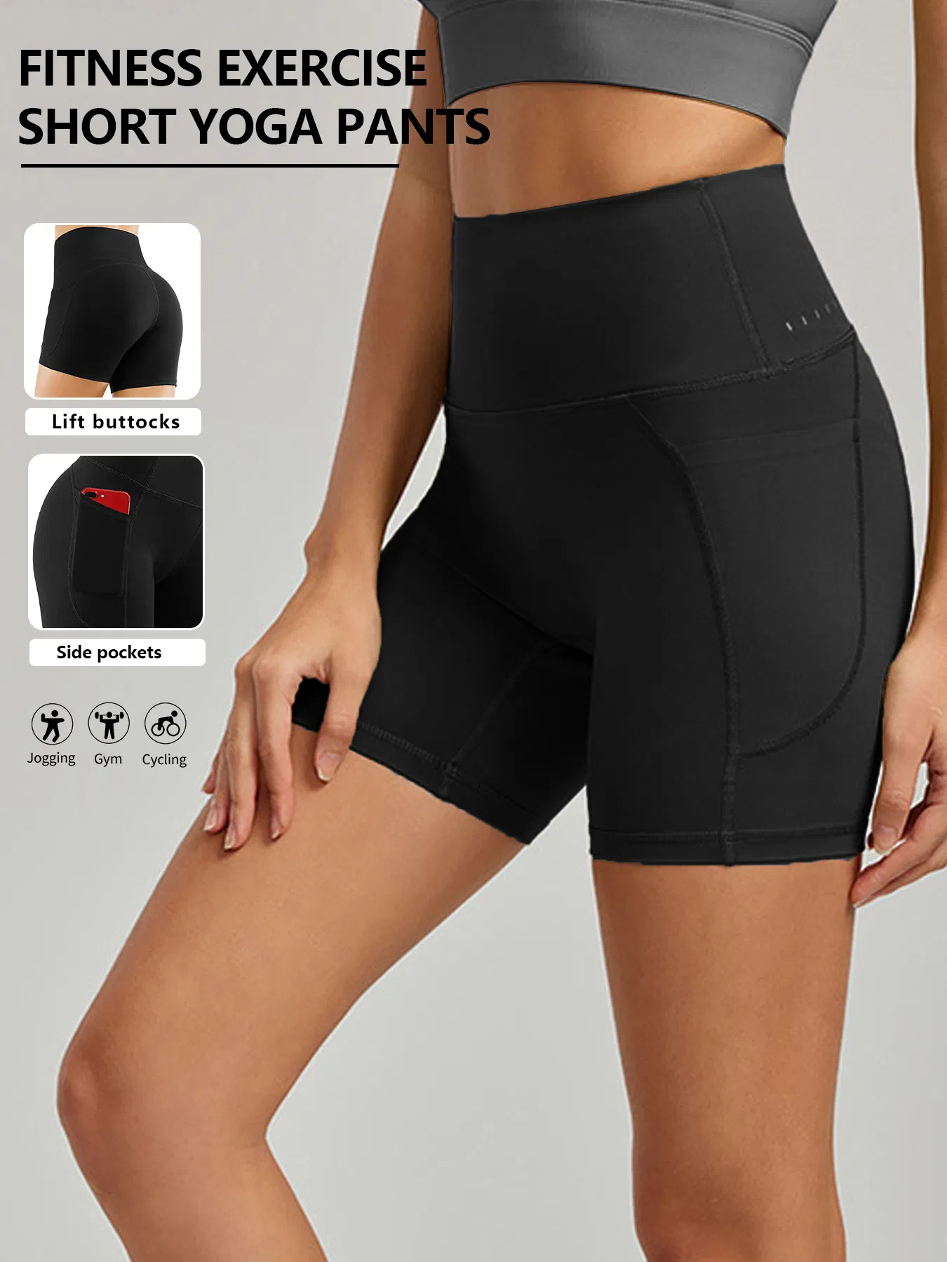 Short yoga femme taille haute poches control