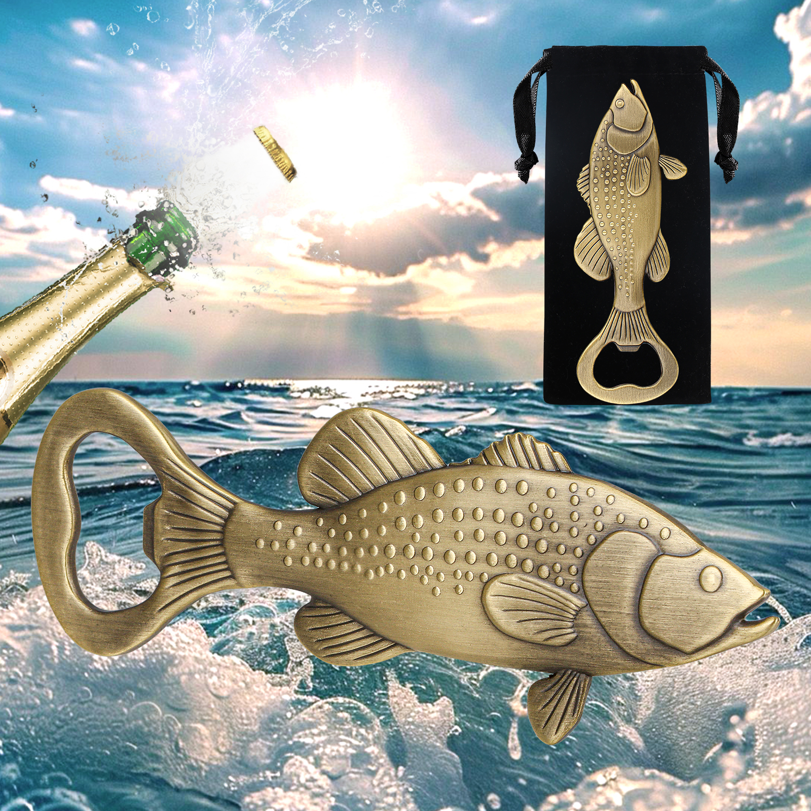 Ouvre-bouteille bar tête de bar - cadeau pêcheur - sac velours