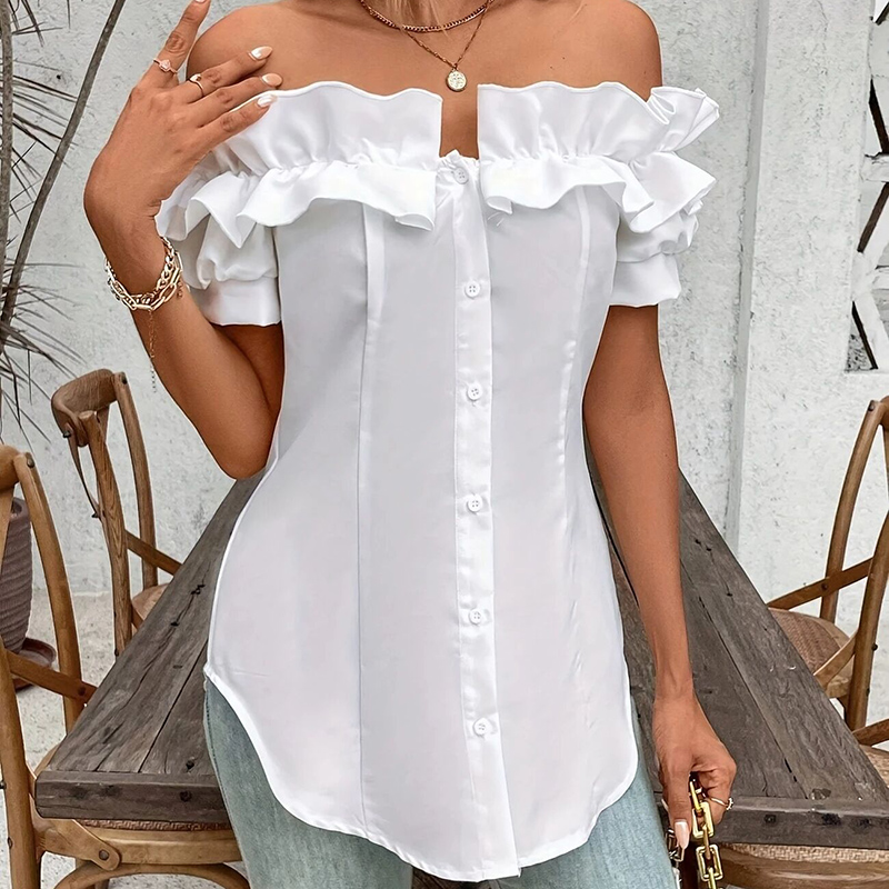Blouse femme épaules dénudées volantée boutons taille