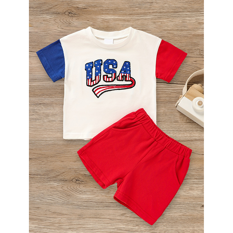 Ensemble 4 juillet bébé garçon, t-shirt blocs couleur USA
