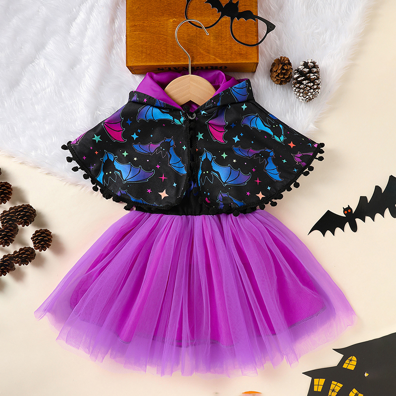Ensemble costume Halloween filles robe tulle sans manches cape