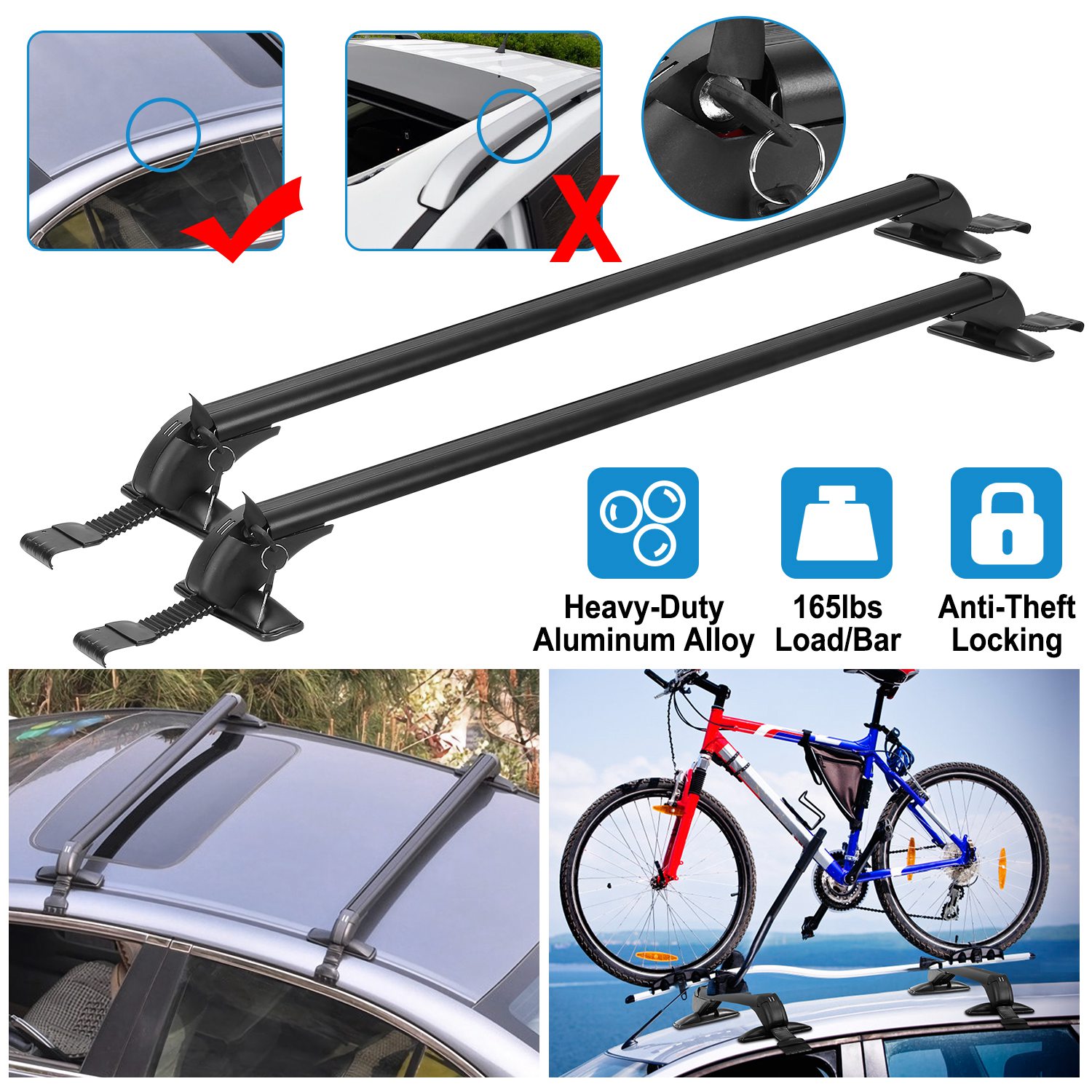 2 Barres Toit 110cm Universelles Antivol Vélo Kayak Cargo 43 po