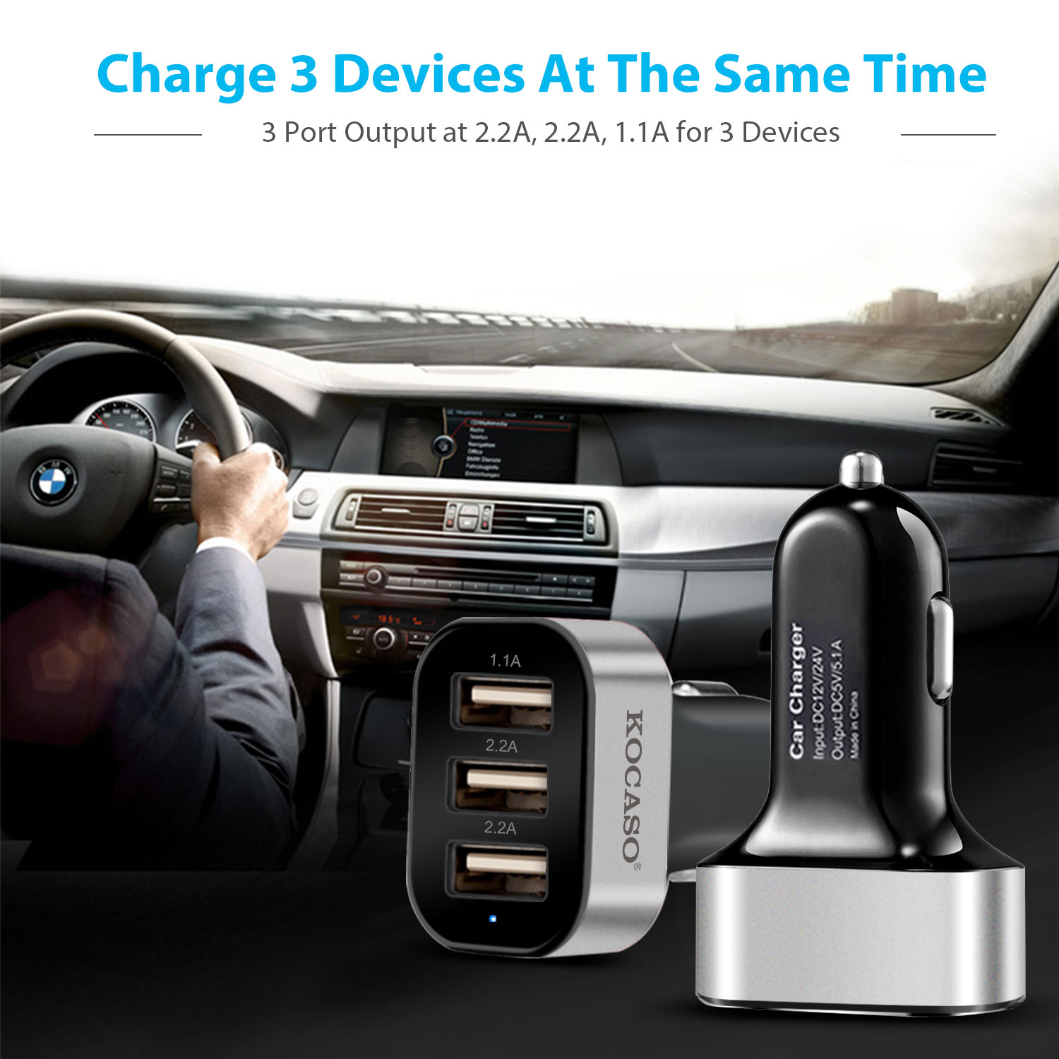 Chargeur voiture USB 3 ports 30W 5.5A iPhone 16 15 14