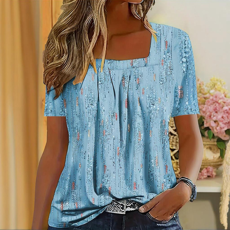T-shirt femme col carré paillettes, manches courtes, imprimé