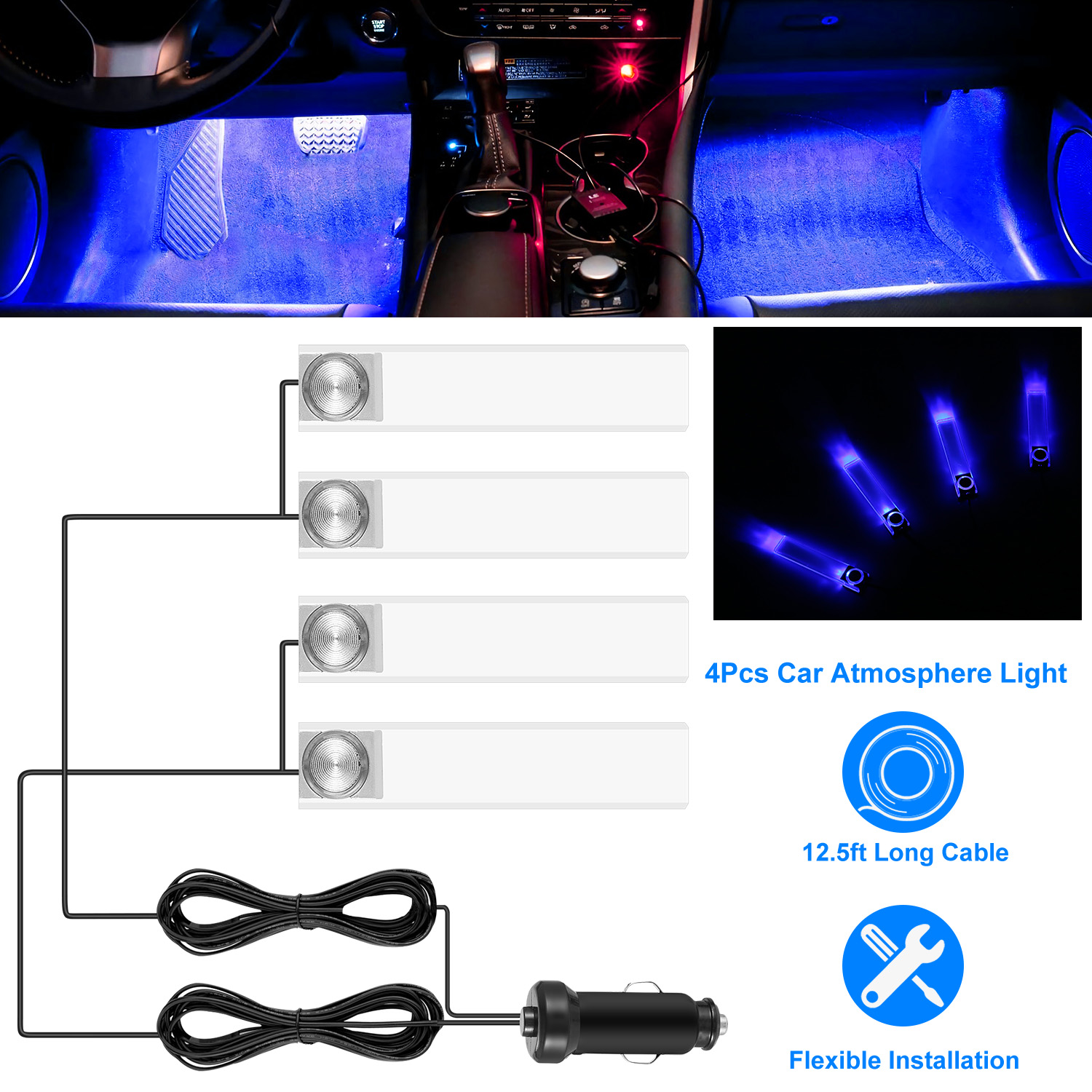 4 lum. LED ambiance intérieur voiture 12V bleu