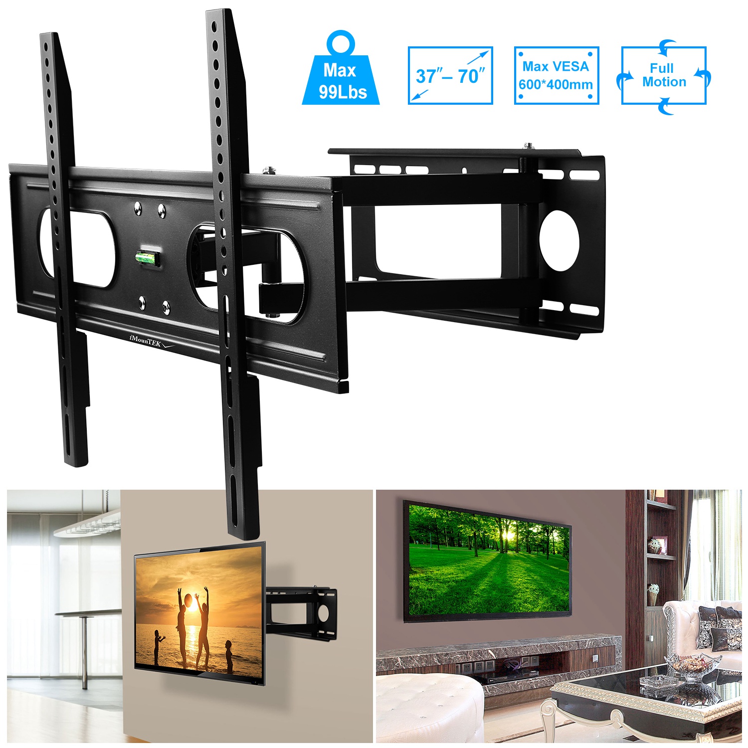 Support TV mural pivotant 37-70 po 600x400mm 99 lbs