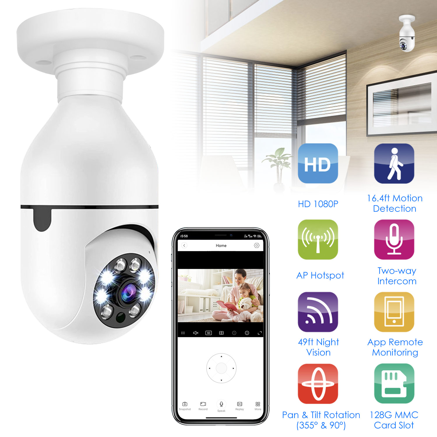 Caméra ampoule WiFi E27 1080P FHD surveillance audio bidirectionnel