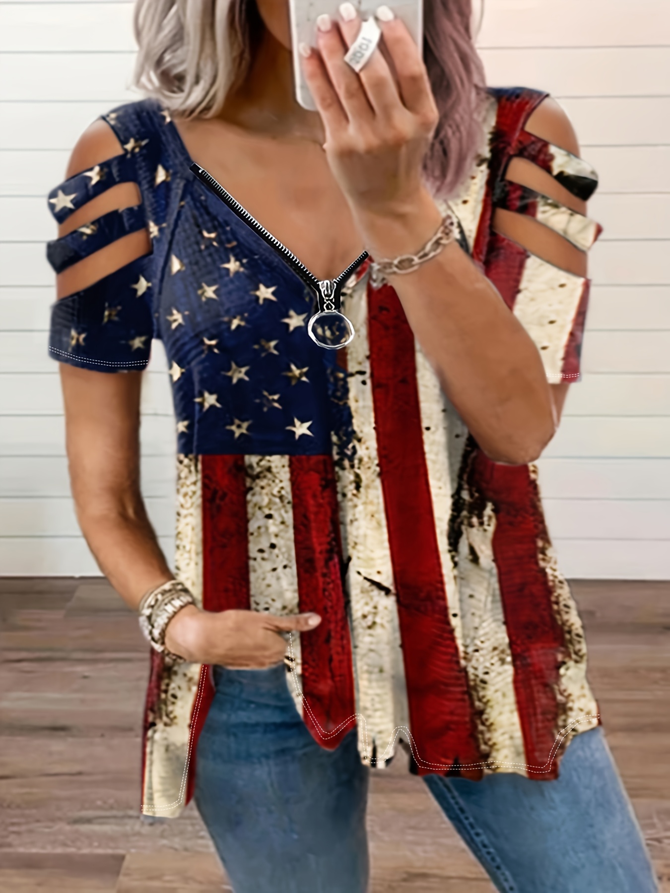 T-shirt drapeau fermeture éclair court