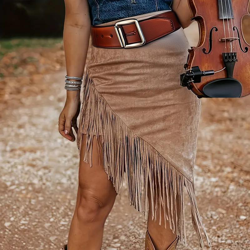 Jupe suède franges asymétriques boho femme