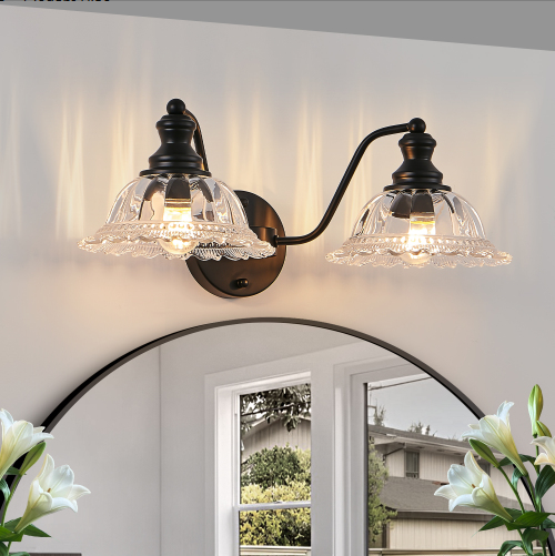 Applique salle bain 20po 2 lumières noir métal verre vintage