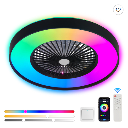 Ventilateur plafond 23po noir LED RGB WiFi dimmable télécommande 6 vit