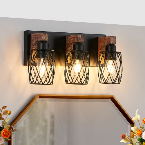 Applique industrielle vintage 3 lumières, cage noire, accents bois