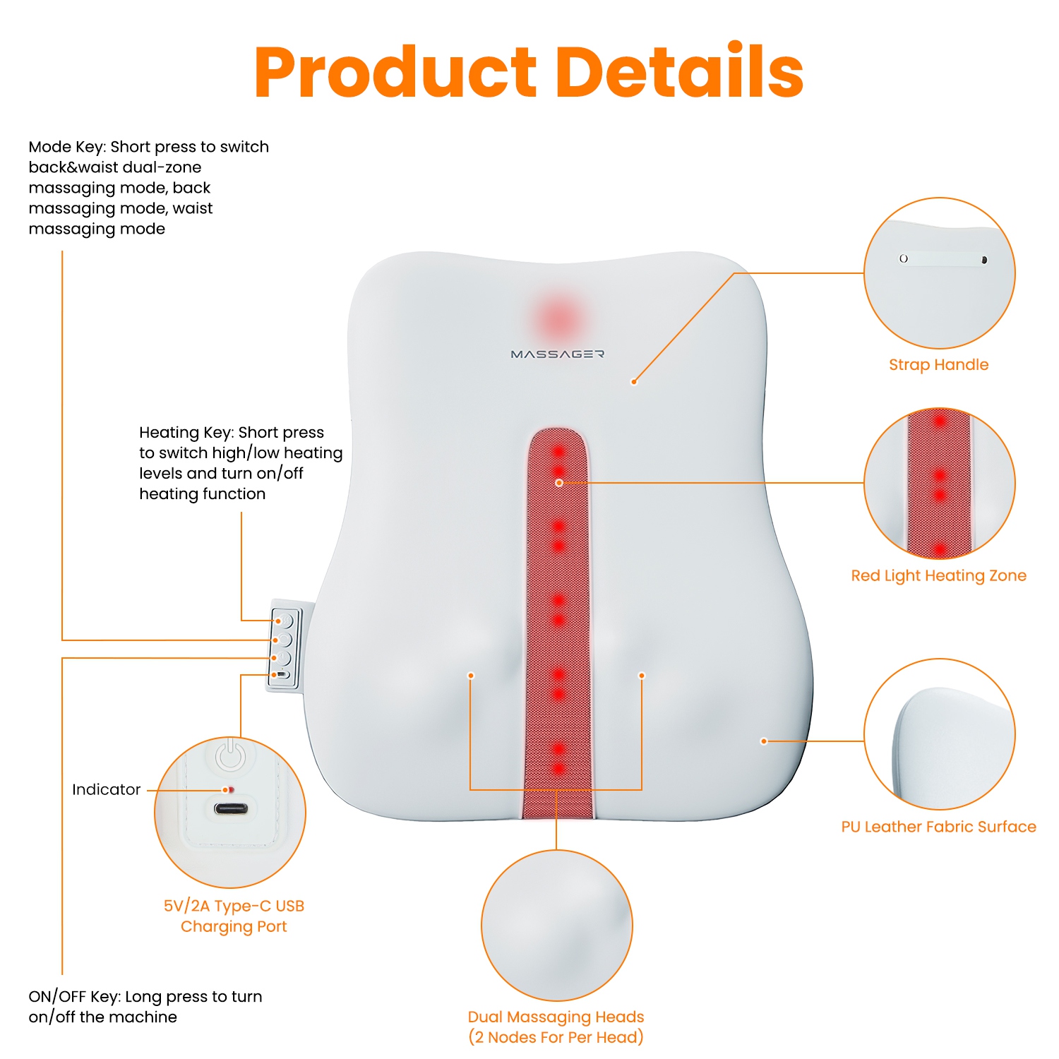 Coussin masseur Shiatsu 3D USB rechargeable 3 modes 2 chaleurs