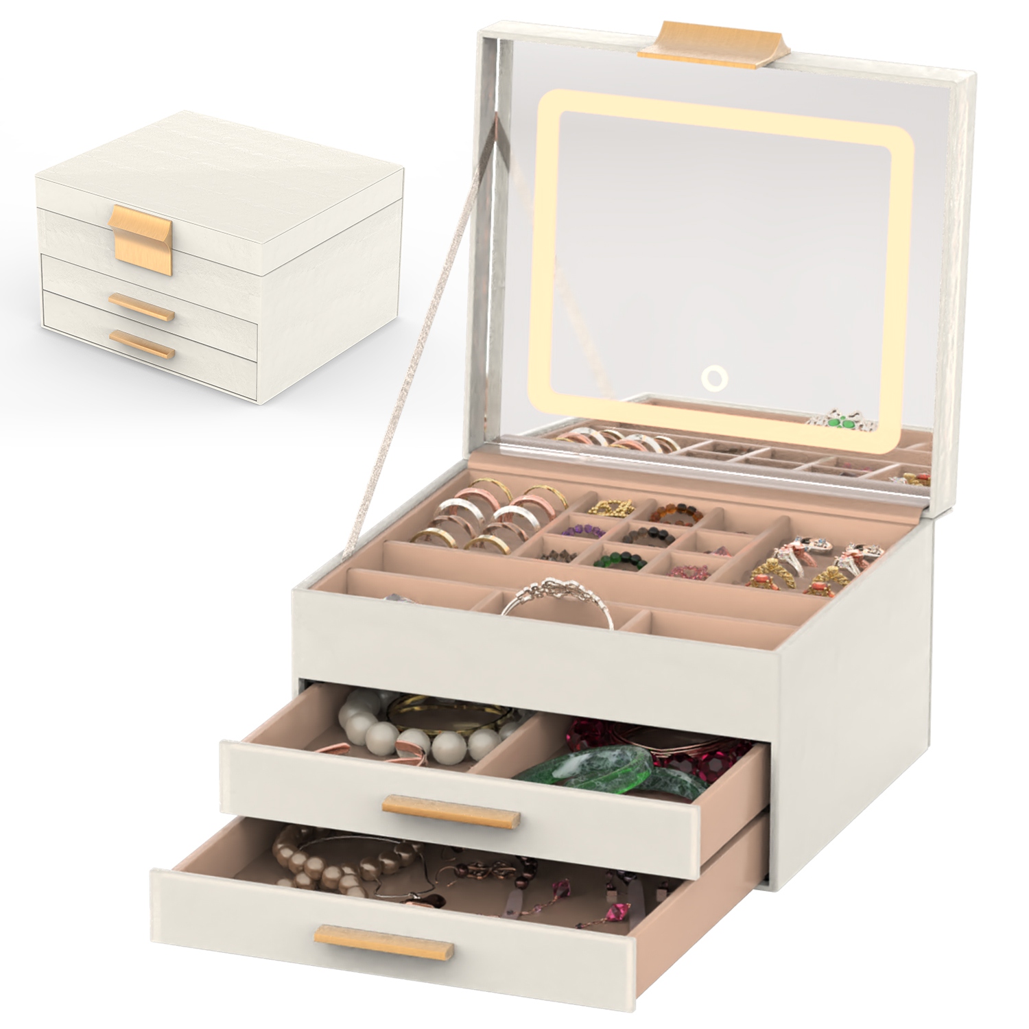 Boîte bijoux LED miroir 3 étages 2 tiroirs organisateur