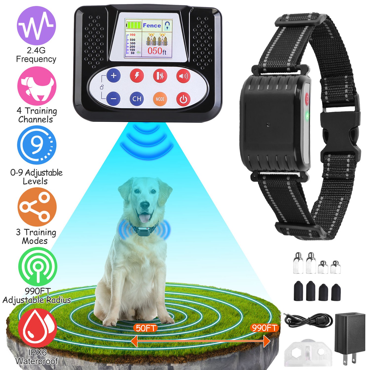 Clôture chien sans fil 990FT IPX6 4 canaux bip vibration choc
