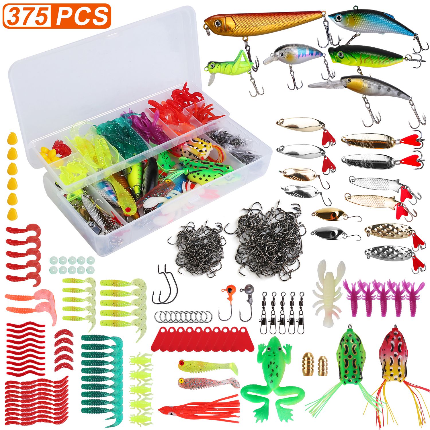 Kit 375 pcs leurres pêche eau douce/salée, boîte