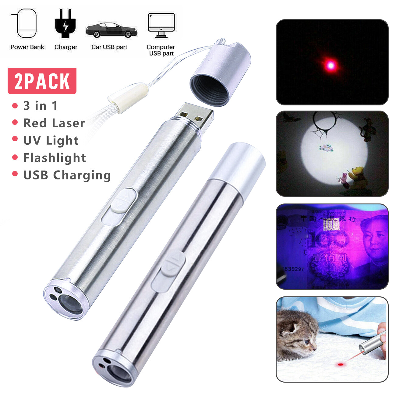 Pointeur laser rouge USB 3 en 1 - Jouets chat chien 2pc