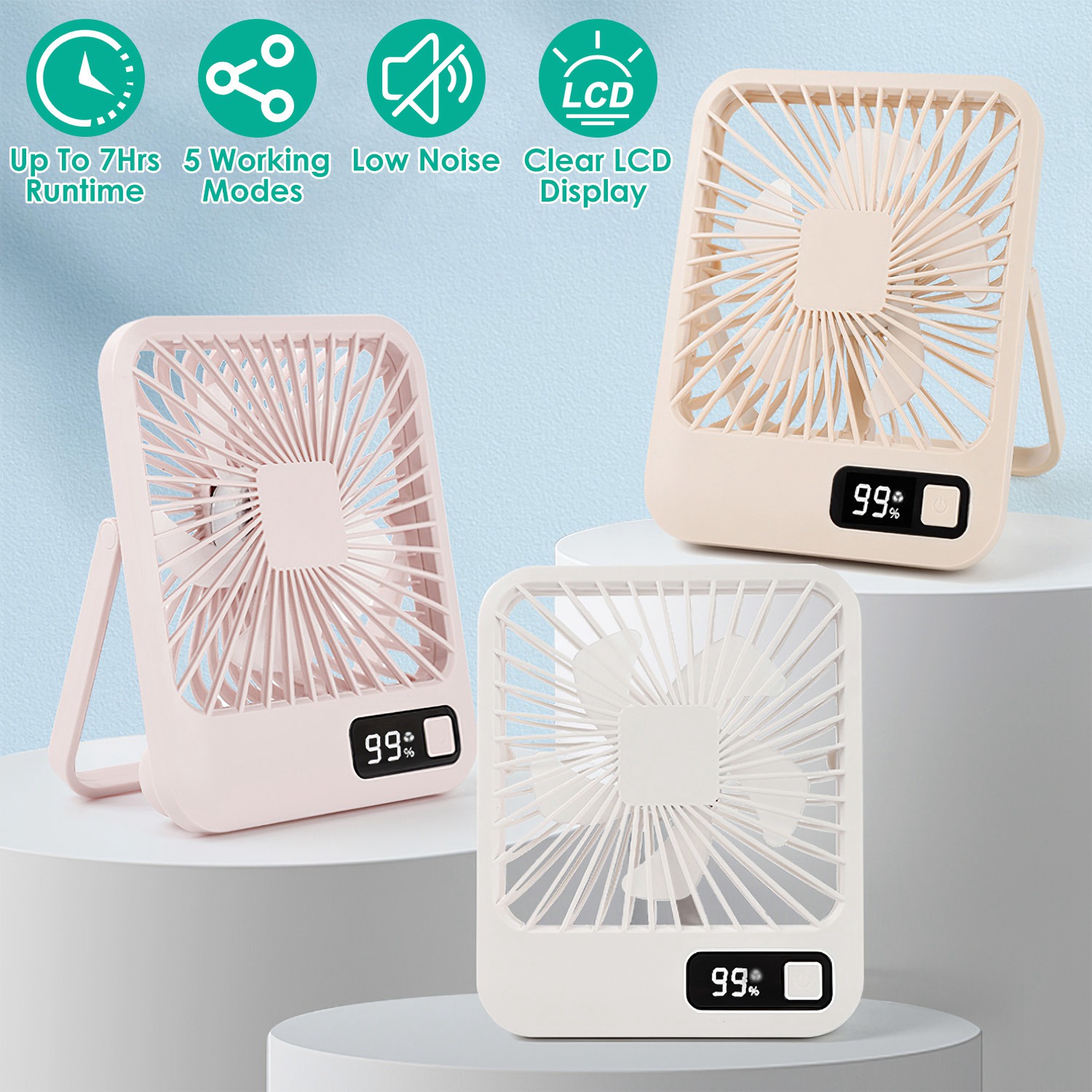 Ventilateur bureau rechargeable 3 vitesses affichage LCD