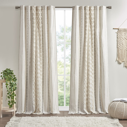 Rideau coton imprimé rayé chenille doublé ivoire 50x84