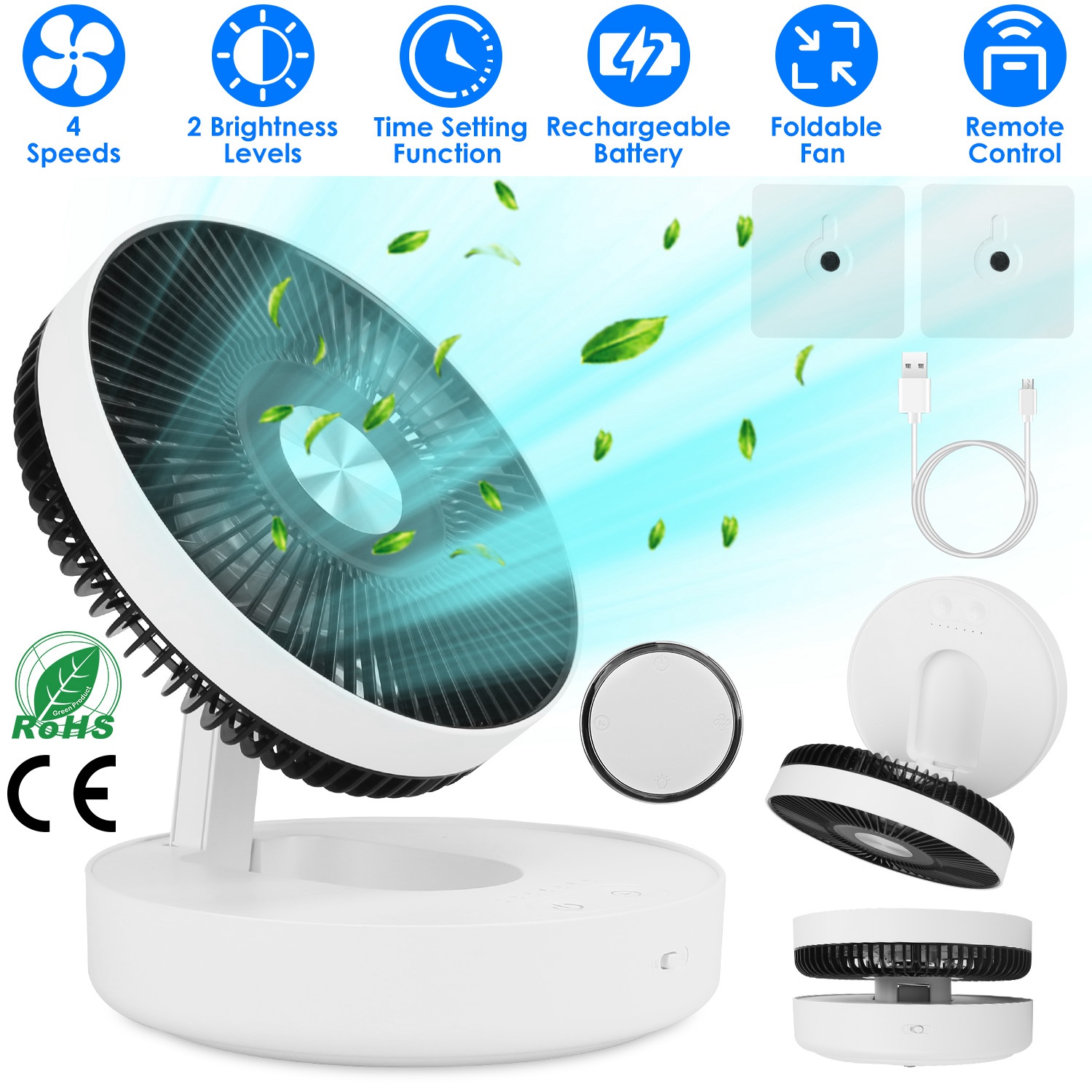 Ventilateur LED rechargeable pliable 4 vitesses magnétique