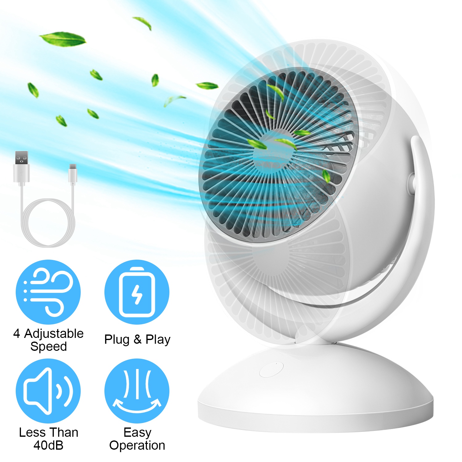 Ventilateur bureau oscillant rechargeable 4 vitesses 360° silencieux