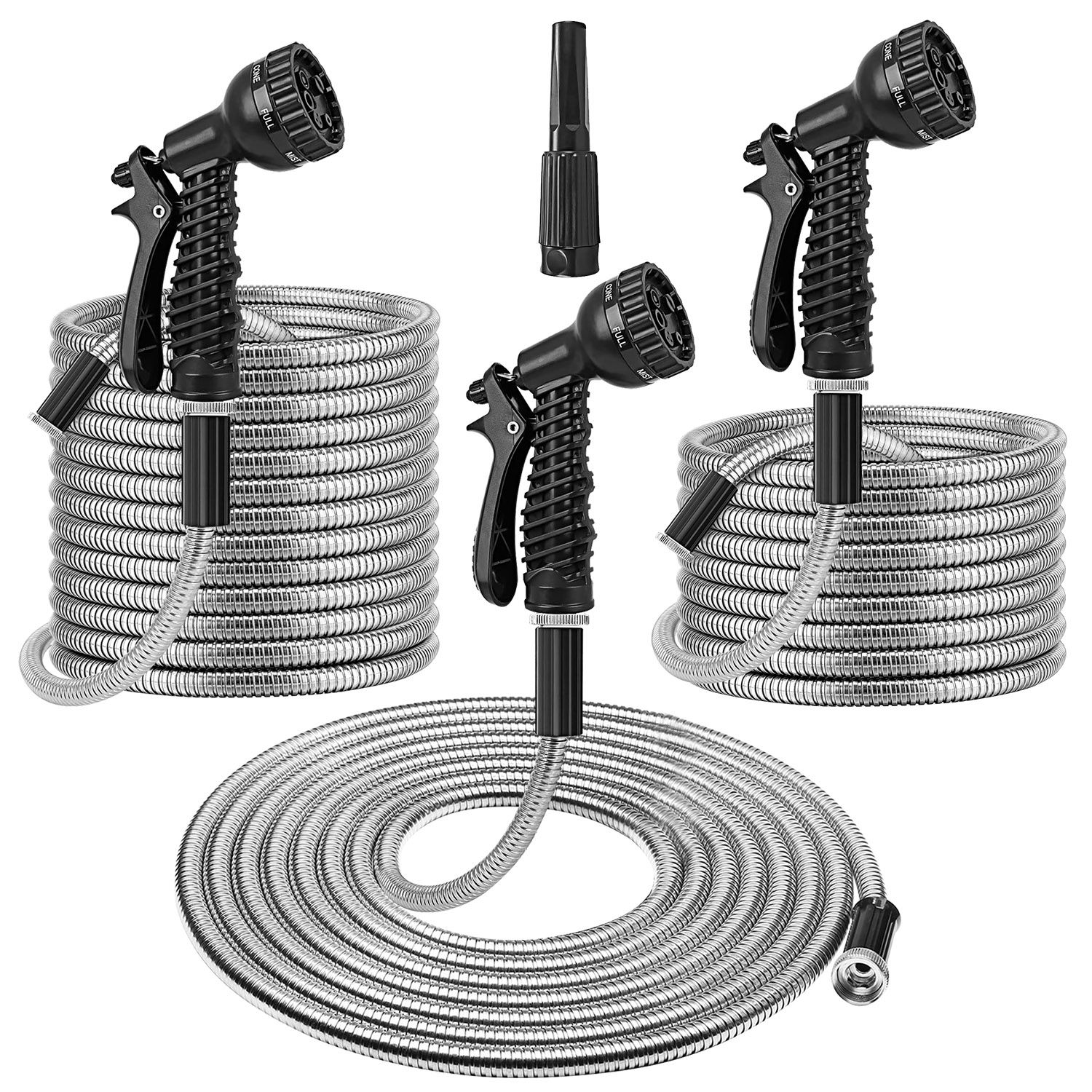 Tuyau jardin 25-100pi acier inoxydable, 12 jets